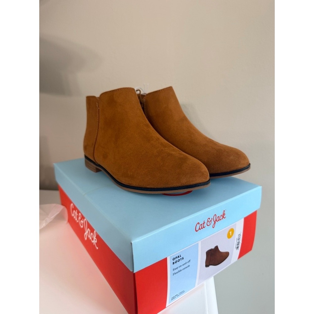 Cat & Jack Opal Ankle Boots Girls Size 1 Cognac Brown Faux Suede Zipper NEW